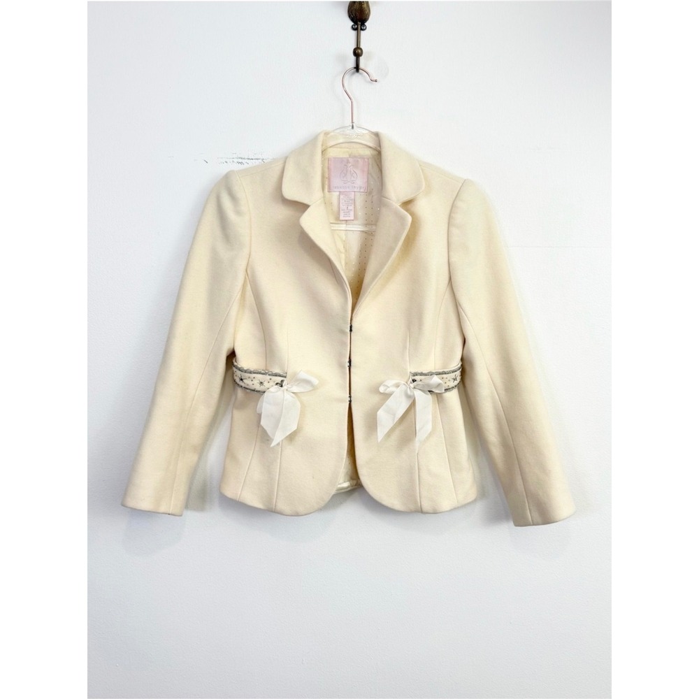Rebecca Taylor Ivory Wool Blend Cropped Blazer Jacket Bow‎ Detail Y2K Size 2